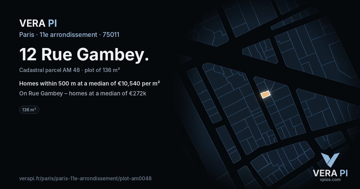 12 Rue Gambey, 11e arrondissement at night – the plot lit, the parcels around coloured by the prices near them