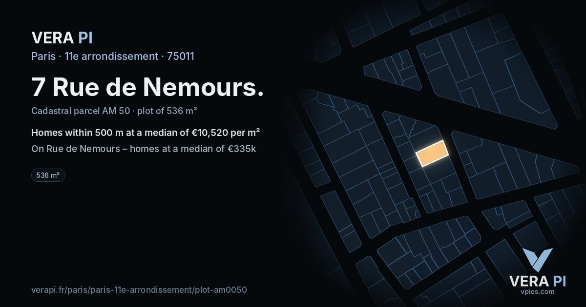 7 Rue de Nemours, 11e arrondissement at night – the plot lit, the parcels around coloured by the prices near them