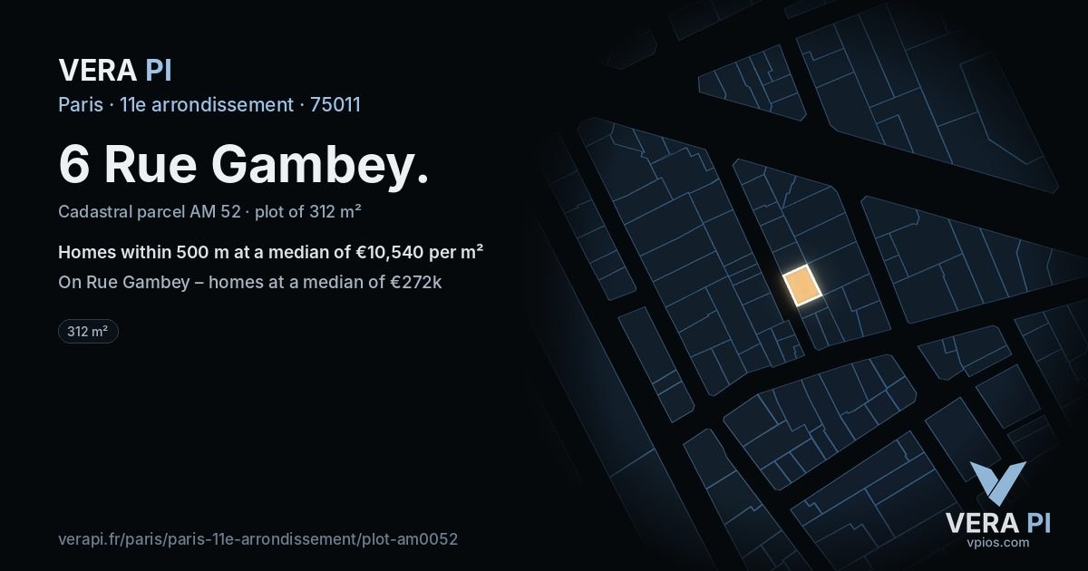 6 Rue Gambey, 11e arrondissement at night – the plot lit, the parcels around coloured by the prices near them