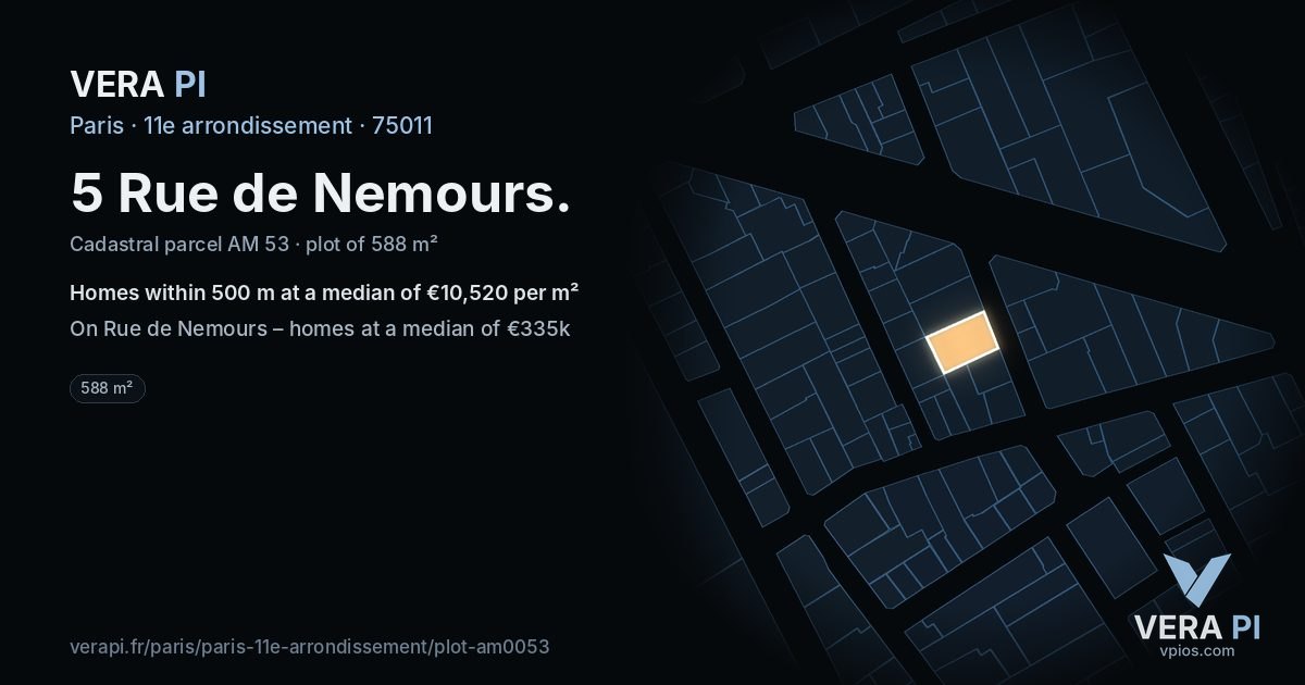 5 Rue de Nemours, 11e arrondissement at night – the plot lit, the parcels around coloured by the prices near them