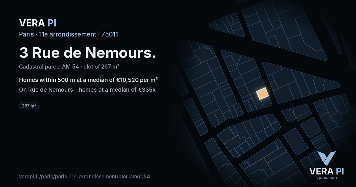 3 Rue de Nemours, 11e arrondissement at night – the plot lit, the parcels around coloured by the prices near them