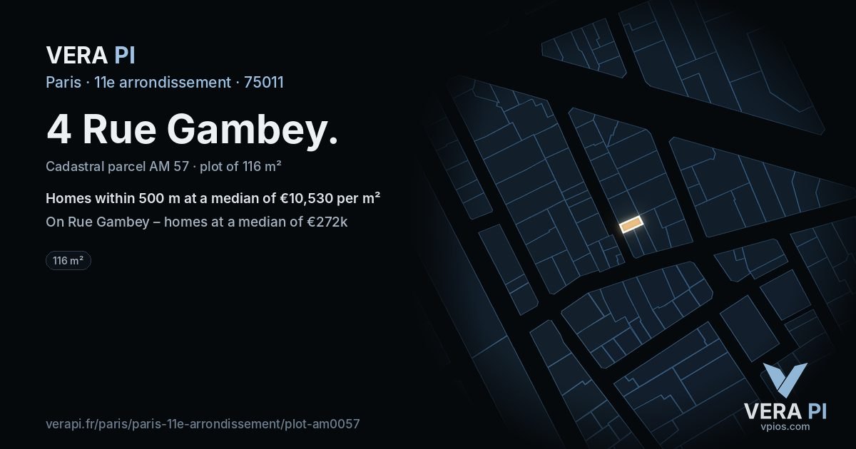 4 Rue Gambey, 11e arrondissement at night – the plot lit, the parcels around coloured by the prices near them