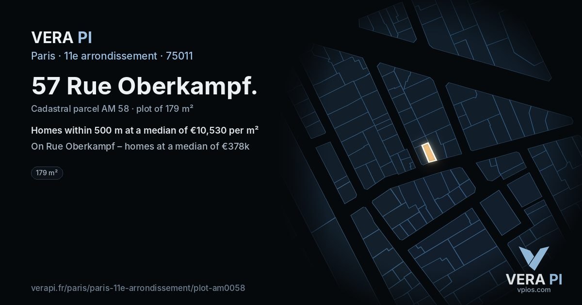 57 Rue Oberkampf, 11e arrondissement at night – the plot lit, the parcels around coloured by the prices near them