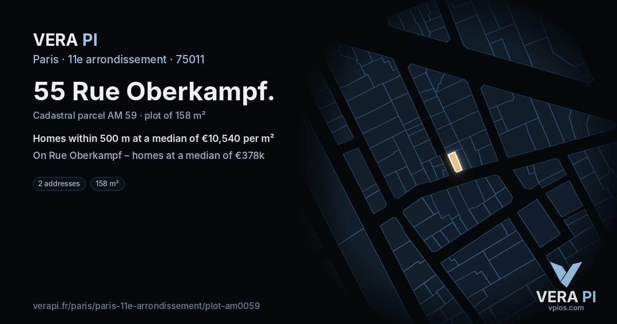 55 Rue Oberkampf, 11e arrondissement at night – the plot lit, the parcels around coloured by the prices near them