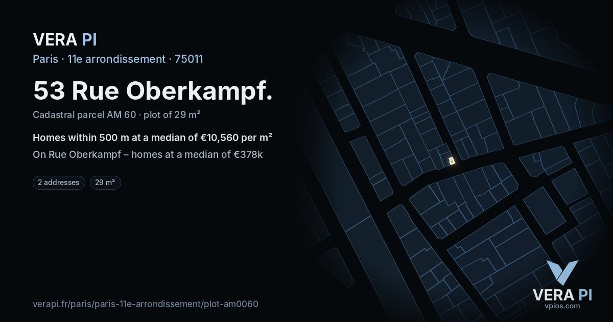 53 Rue Oberkampf, 11e arrondissement at night – the plot lit, the parcels around coloured by the prices near them