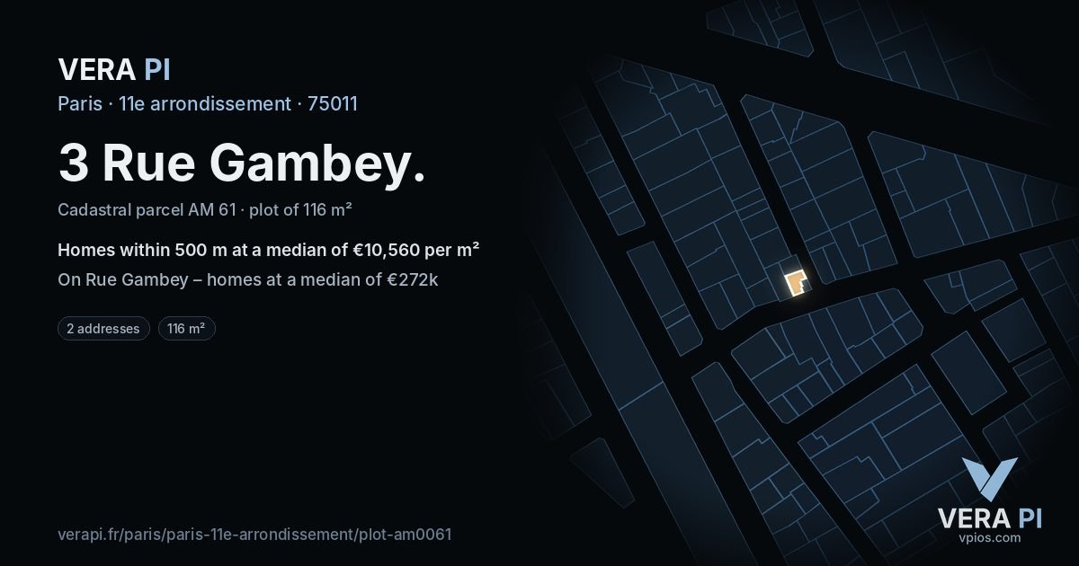 3 Rue Gambey, 11e arrondissement at night – the plot lit, the parcels around coloured by the prices near them
