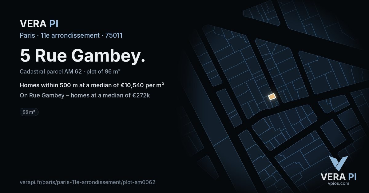 5 Rue Gambey, 11e arrondissement at night – the plot lit, the parcels around coloured by the prices near them