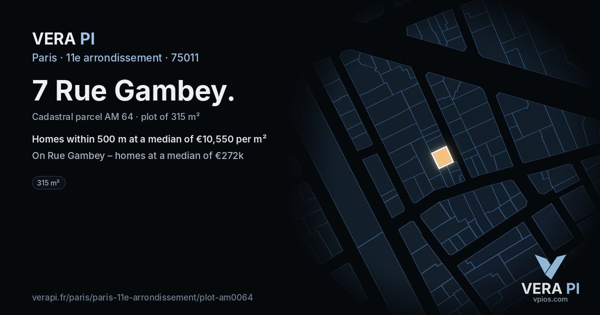 7 Rue Gambey, 11e arrondissement at night – the plot lit, the parcels around coloured by the prices near them