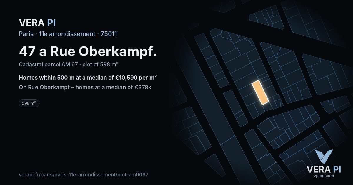 47 a Rue Oberkampf, 11e arrondissement at night – the plot lit, the parcels around coloured by the prices near them