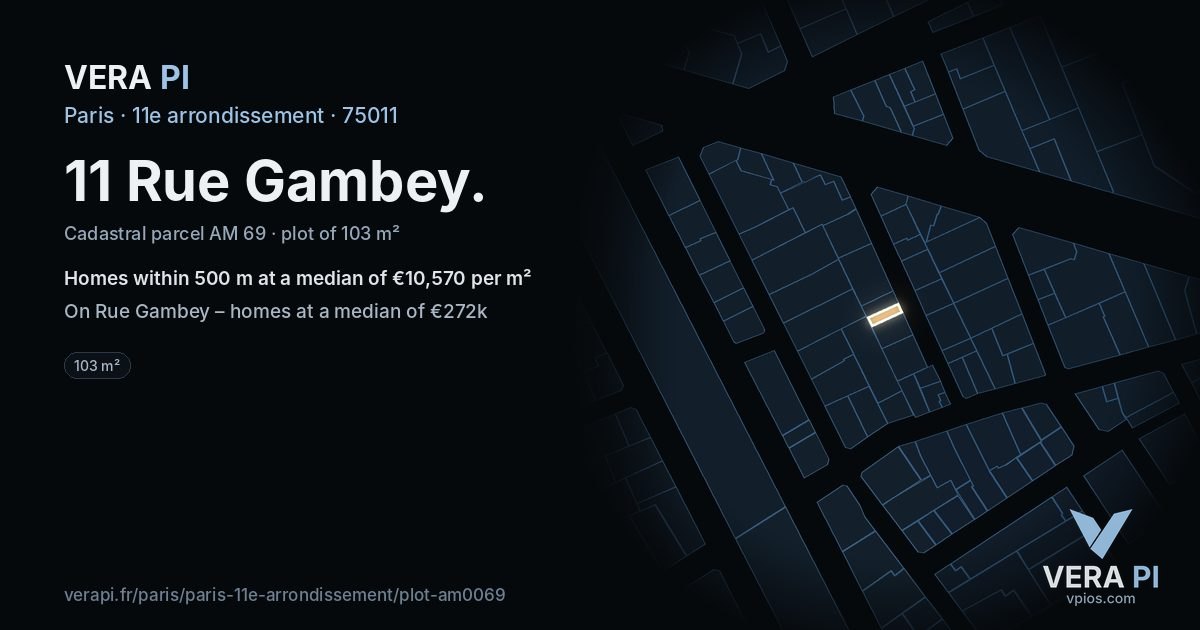 11 Rue Gambey, 11e arrondissement at night – the plot lit, the parcels around coloured by the prices near them