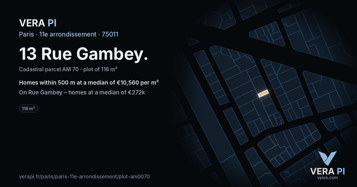 13 Rue Gambey, 11e arrondissement at night – the plot lit, the parcels around coloured by the prices near them