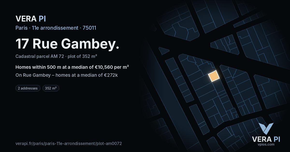 17 Rue Gambey, 11e arrondissement at night – the plot lit, the parcels around coloured by the prices near them