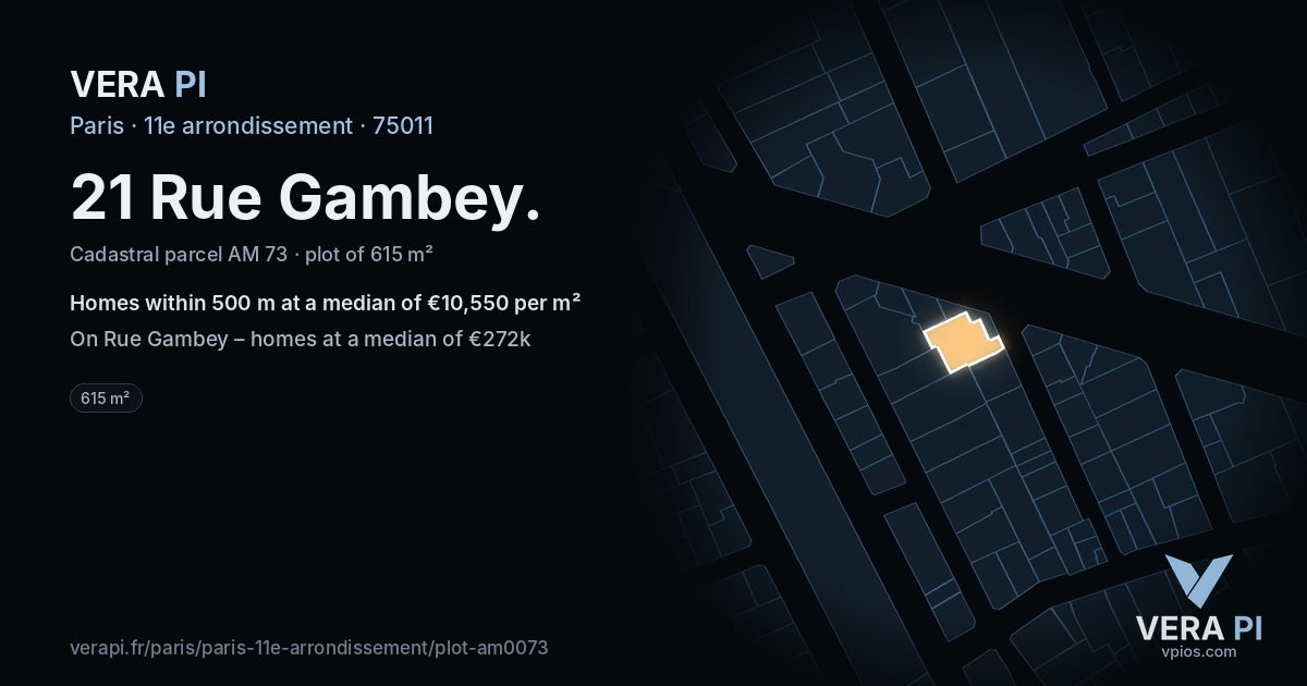 21 Rue Gambey, 11e arrondissement at night – the plot lit, the parcels around coloured by the prices near them
