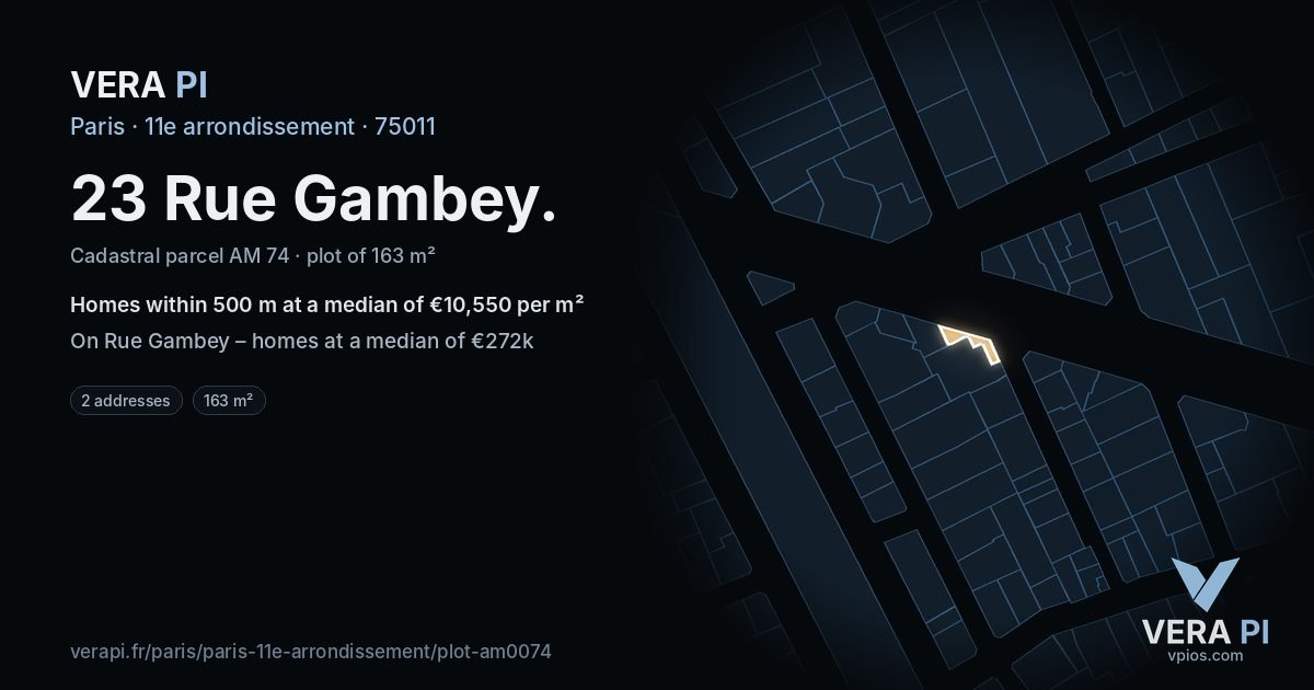 23 Rue Gambey, 11e arrondissement at night – the plot lit, the parcels around coloured by the prices near them