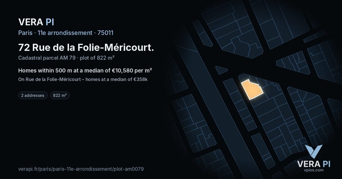 72 Rue de la Folie-Méricourt, 11e arrondissement at night – the plot lit, the parcels around coloured by the prices near them