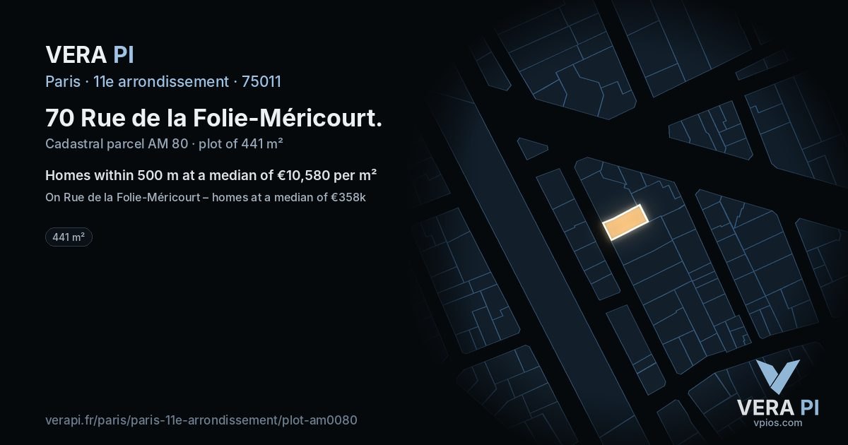 70 Rue de la Folie-Méricourt, 11e arrondissement at night – the plot lit, the parcels around coloured by the prices near them