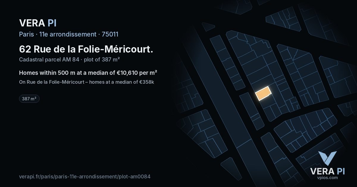 62 Rue de la Folie-Méricourt, 11e arrondissement at night – the plot lit, the parcels around coloured by the prices near them