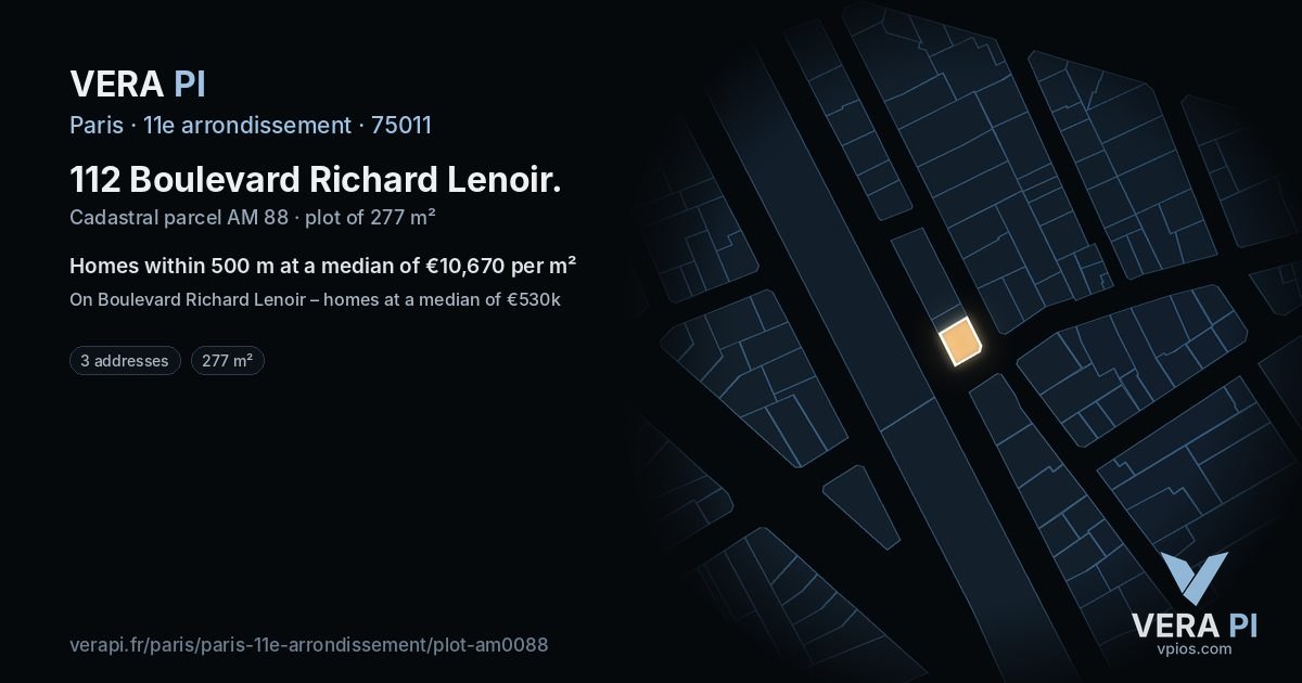 112 Boulevard Richard Lenoir, 11e arrondissement at night – the plot lit, the parcels around coloured by the prices near them