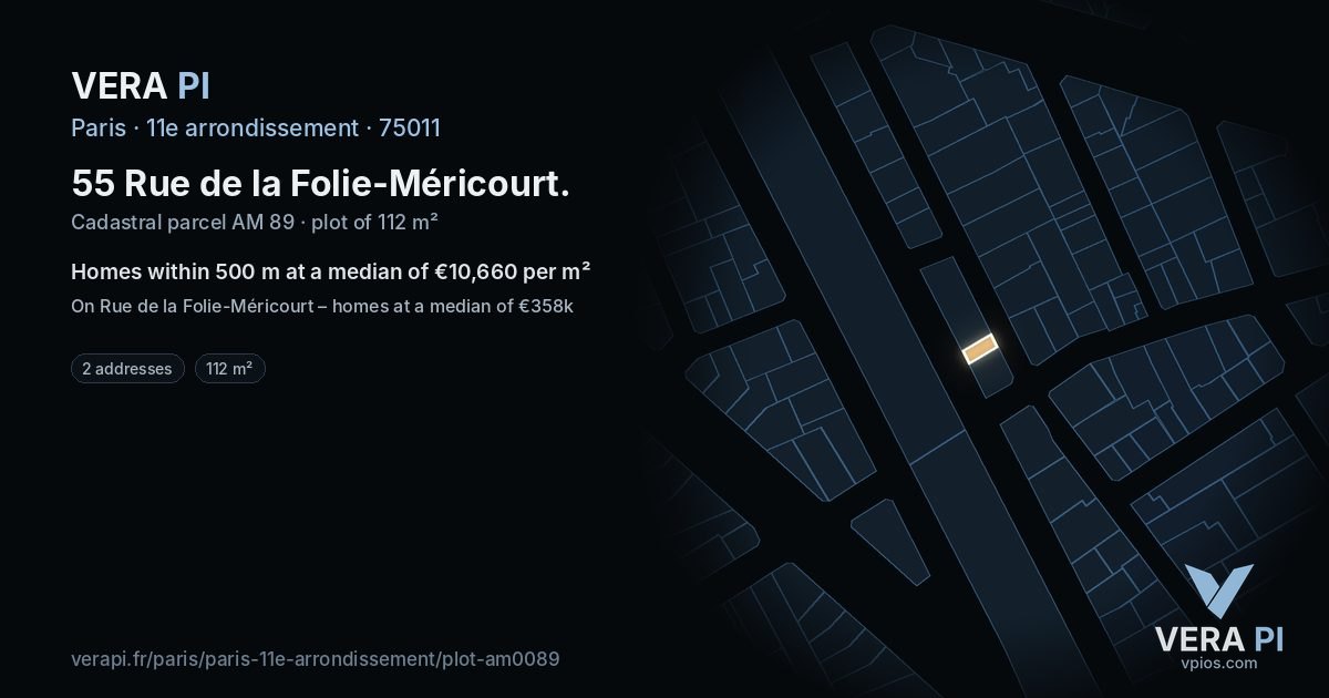 55 Rue de la Folie-Méricourt, 11e arrondissement at night – the plot lit, the parcels around coloured by the prices near them