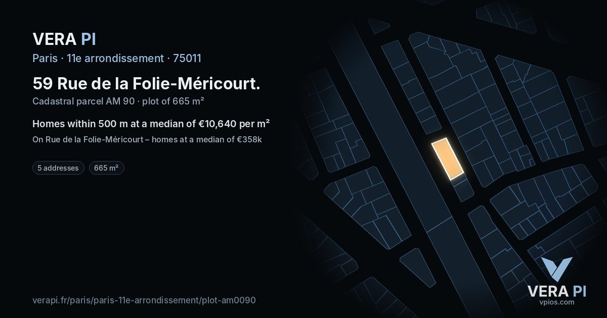 59 Rue de la Folie-Méricourt, 11e arrondissement at night – the plot lit, the parcels around coloured by the prices near them
