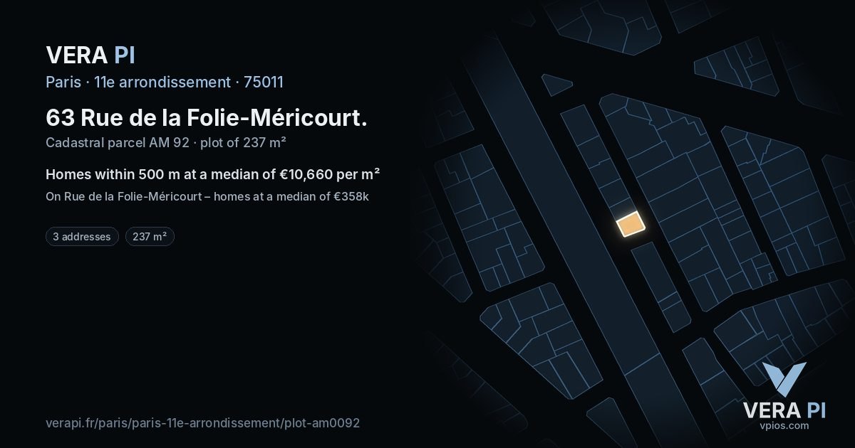 63 Rue de la Folie-Méricourt, 11e arrondissement at night – the plot lit, the parcels around coloured by the prices near them