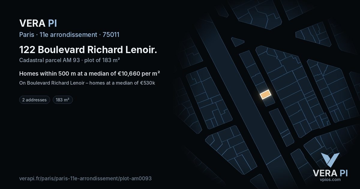 122 Boulevard Richard Lenoir, 11e arrondissement at night – the plot lit, the parcels around coloured by the prices near them