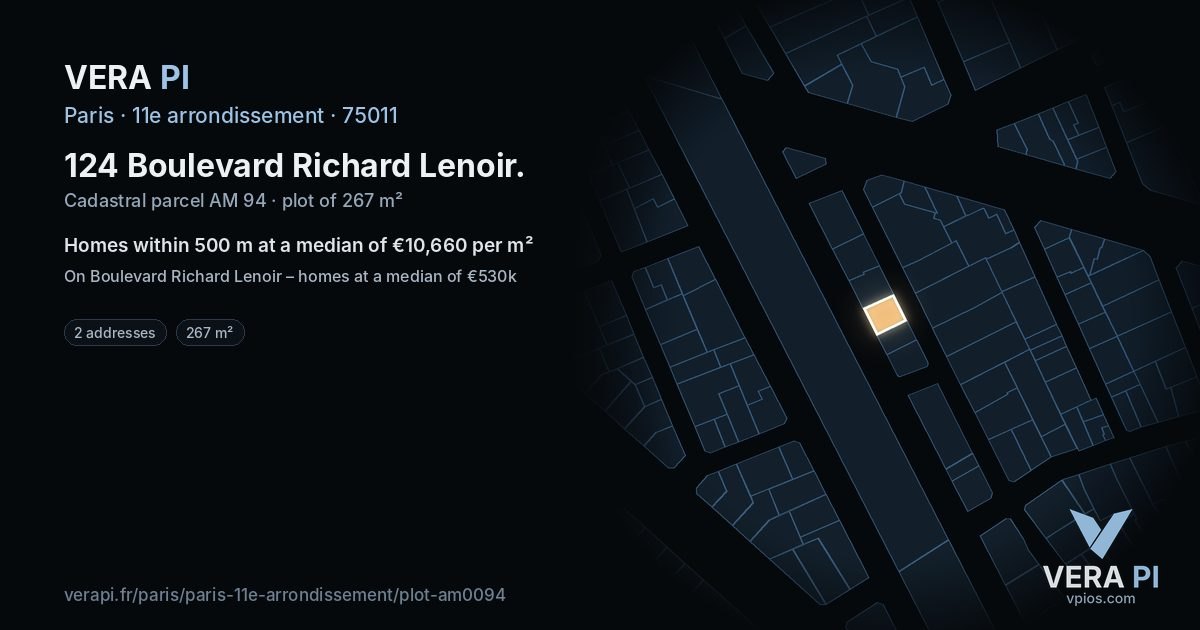 124 Boulevard Richard Lenoir, 11e arrondissement at night – the plot lit, the parcels around coloured by the prices near them
