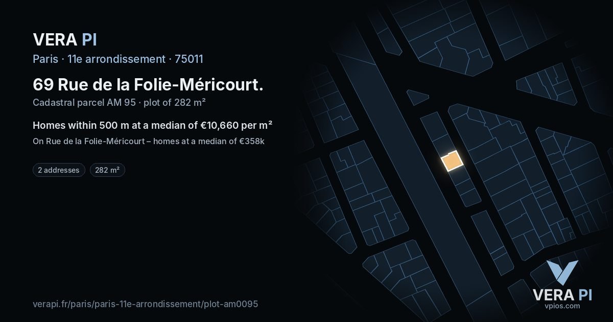 69 Rue de la Folie-Méricourt, 11e arrondissement at night – the plot lit, the parcels around coloured by the prices near them