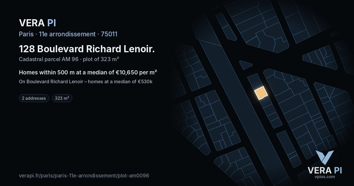 128 Boulevard Richard Lenoir, 11e arrondissement at night – the plot lit, the parcels around coloured by the prices near them