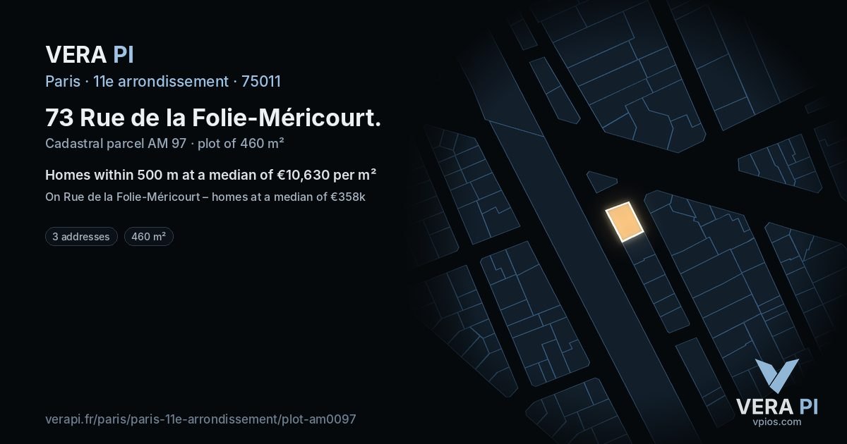 73 Rue de la Folie-Méricourt, 11e arrondissement at night – the plot lit, the parcels around coloured by the prices near them