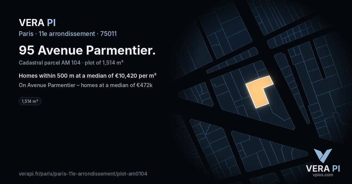 95 Avenue Parmentier, 11e arrondissement at night – the plot lit, the parcels around coloured by the prices near them