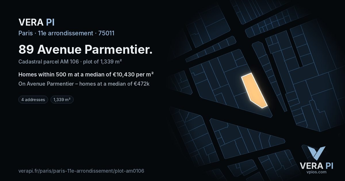 89 Avenue Parmentier, 11e arrondissement at night – the plot lit, the parcels around coloured by the prices near them