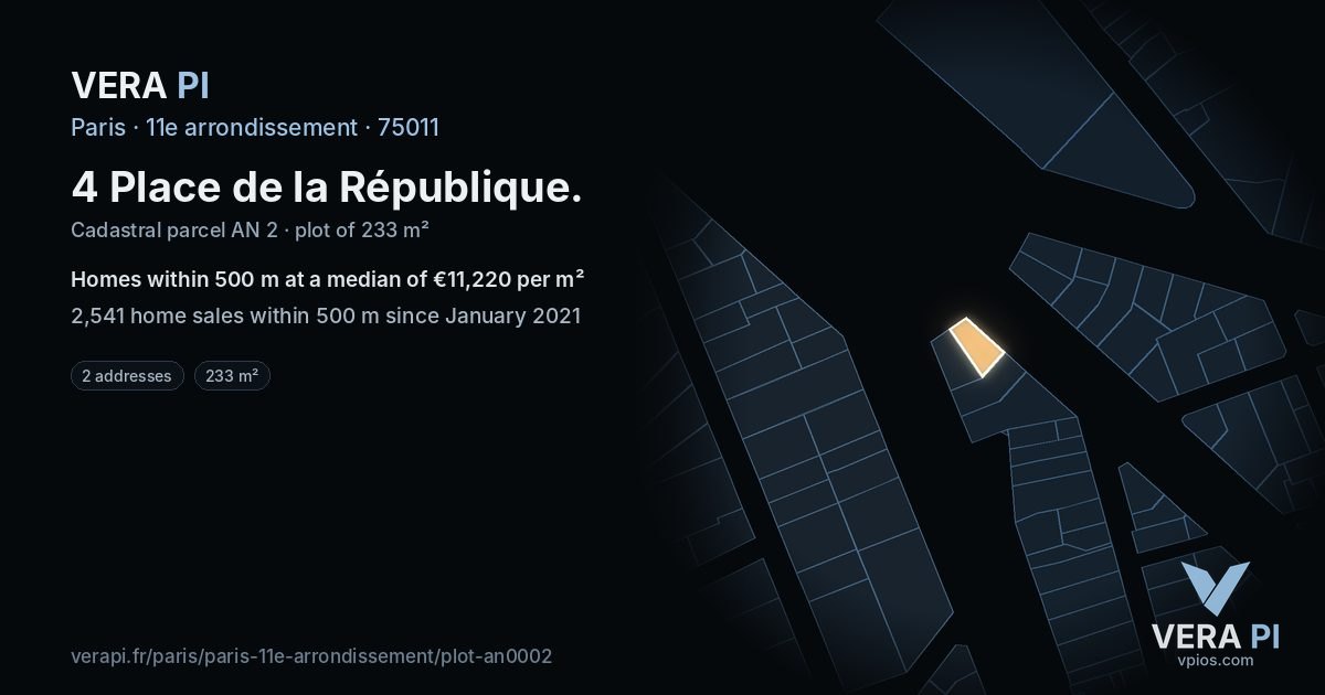 4 Place de la République, 11e arrondissement at night – the plot lit, the parcels around coloured by the prices near them