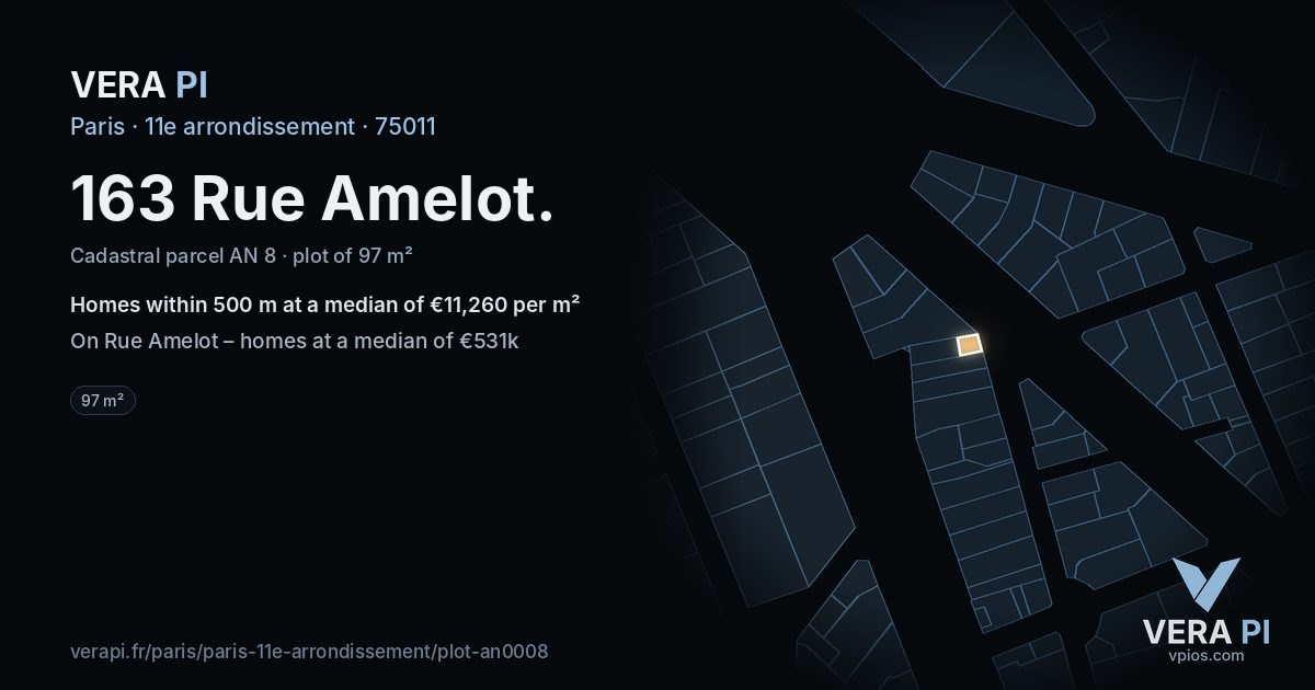163 Rue Amelot, 11e arrondissement at night – the plot lit, the parcels around coloured by the prices near them