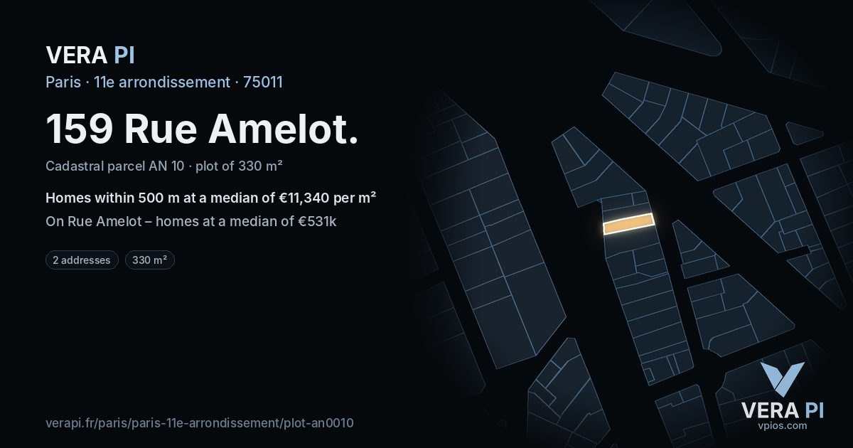 159 Rue Amelot, 11e arrondissement at night – the plot lit, the parcels around coloured by the prices near them