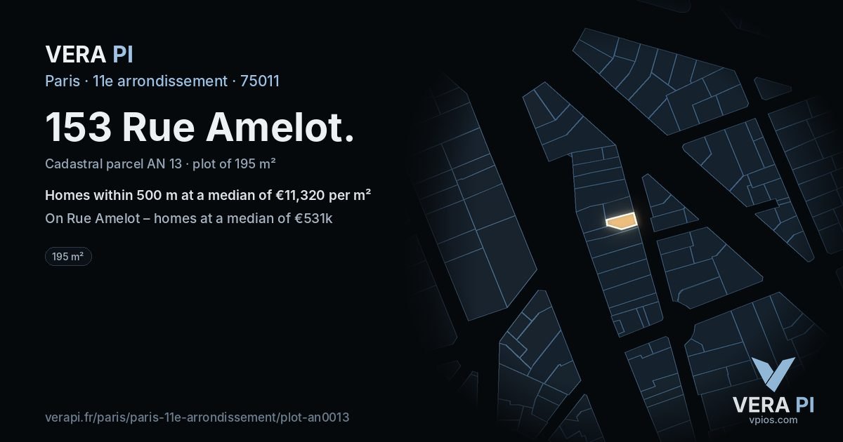 153 Rue Amelot, 11e arrondissement at night – the plot lit, the parcels around coloured by the prices near them