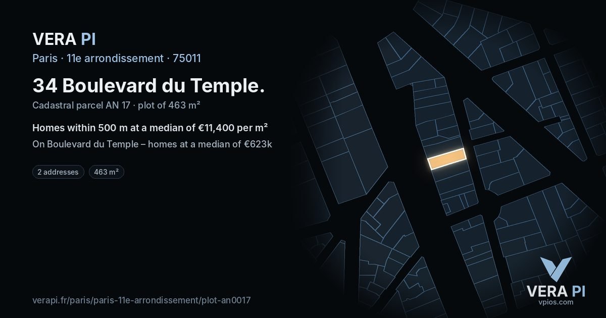 34 Boulevard du Temple, 11e arrondissement at night – the plot lit, the parcels around coloured by the prices near them