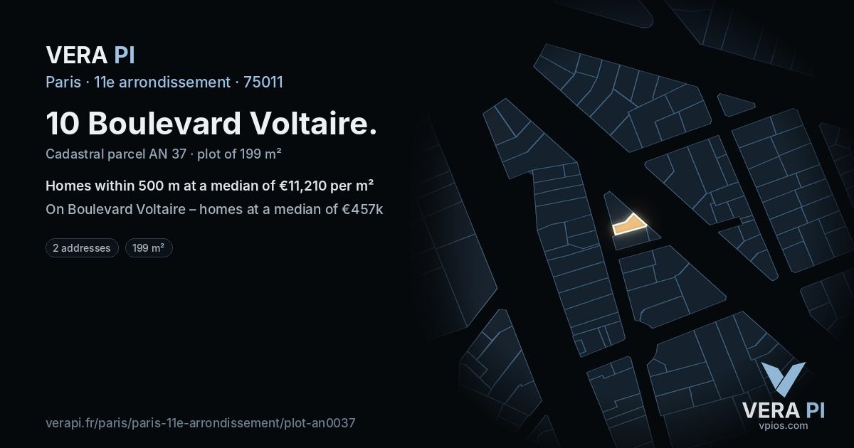 10 Boulevard Voltaire, 11e arrondissement at night – the plot lit, the parcels around coloured by the prices near them