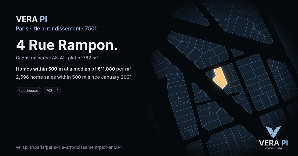 4 Rue Rampon, 11e arrondissement at night – the plot lit, the parcels around coloured by the prices near them