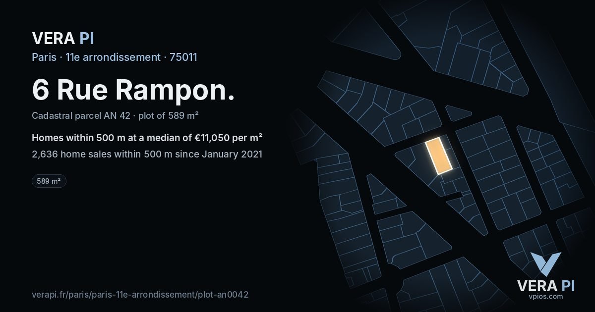 6 Rue Rampon, 11e arrondissement at night – the plot lit, the parcels around coloured by the prices near them