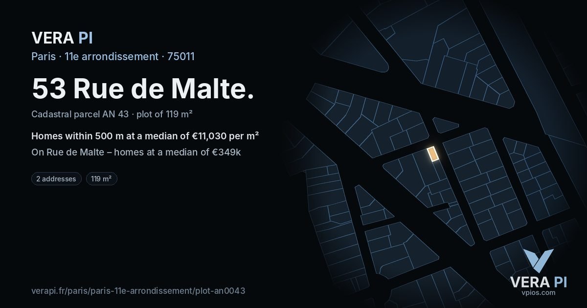 53 Rue de Malte, 11e arrondissement at night – the plot lit, the parcels around coloured by the prices near them