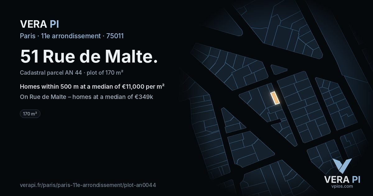 51 Rue de Malte, 11e arrondissement at night – the plot lit, the parcels around coloured by the prices near them