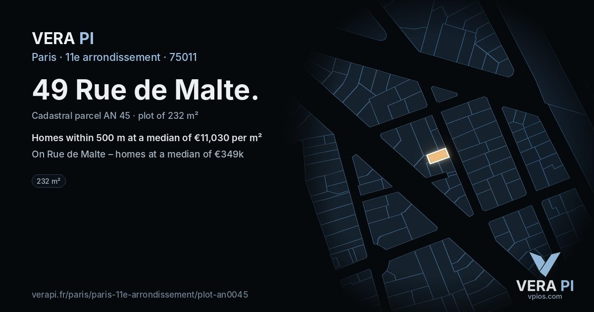 49 Rue de Malte, 11e arrondissement at night – the plot lit, the parcels around coloured by the prices near them