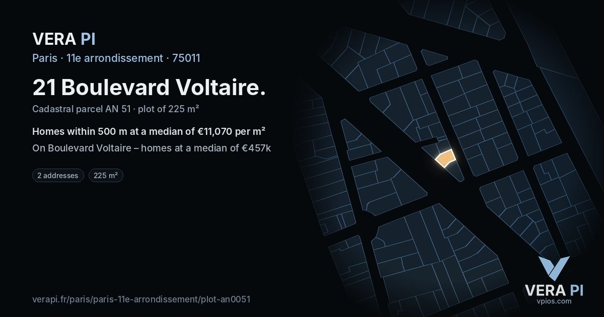 21 Boulevard Voltaire, 11e arrondissement at night – the plot lit, the parcels around coloured by the prices near them