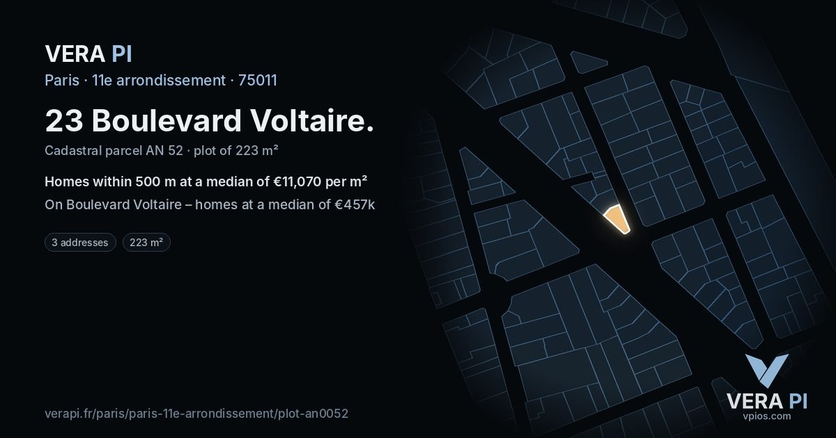 23 Boulevard Voltaire, 11e arrondissement at night – the plot lit, the parcels around coloured by the prices near them