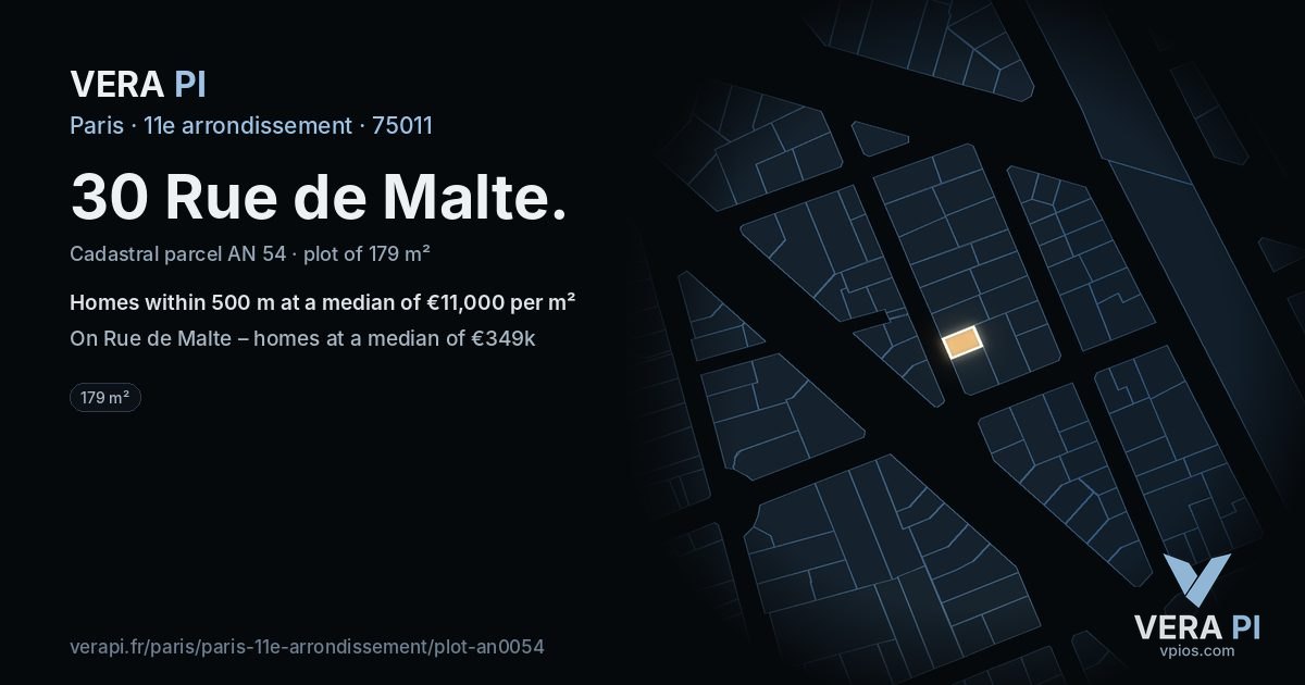 30 Rue de Malte, 11e arrondissement at night – the plot lit, the parcels around coloured by the prices near them
