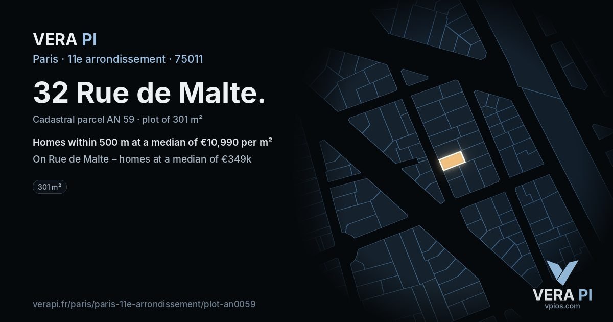 32 Rue de Malte, 11e arrondissement at night – the plot lit, the parcels around coloured by the prices near them