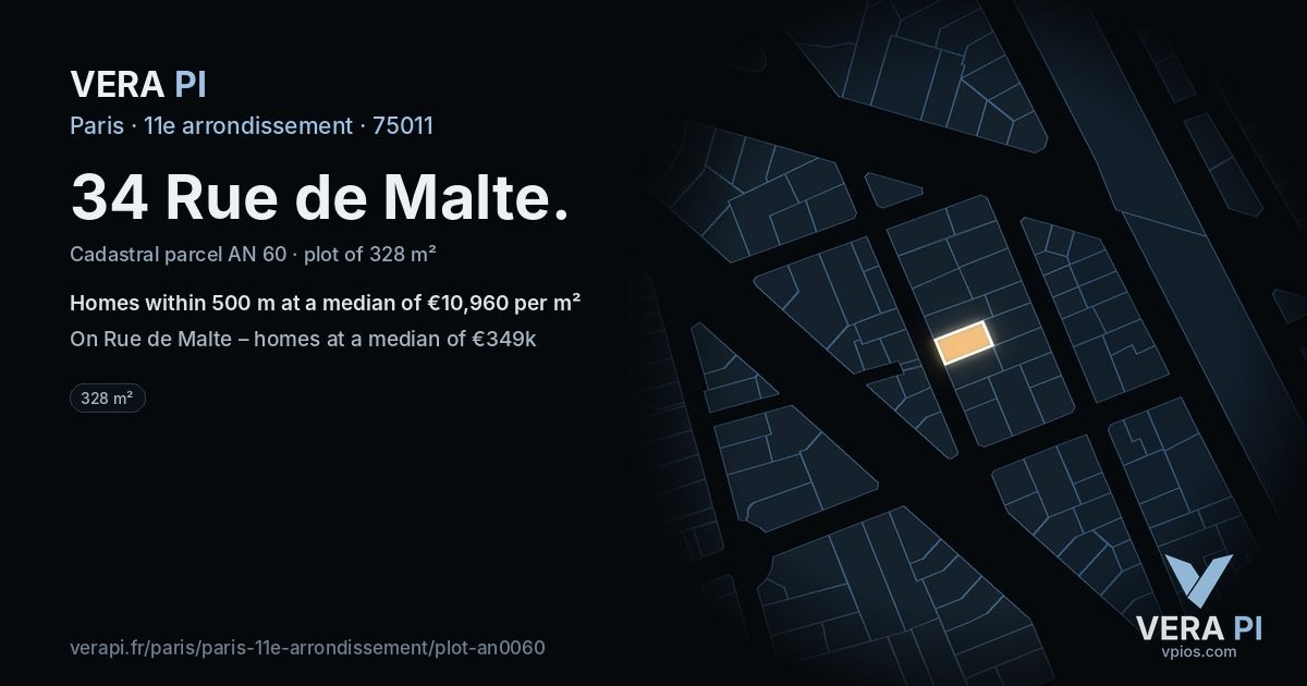 34 Rue de Malte, 11e arrondissement at night – the plot lit, the parcels around coloured by the prices near them