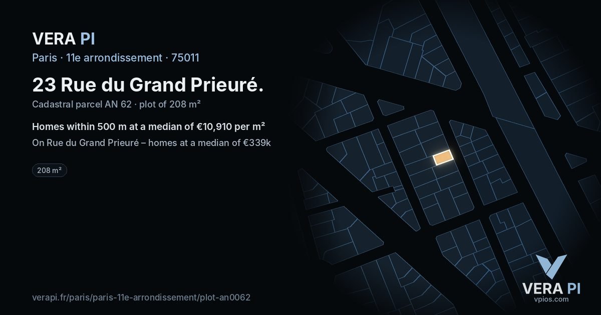 23 Rue du Grand Prieuré, 11e arrondissement at night – the plot lit, the parcels around coloured by the prices near them