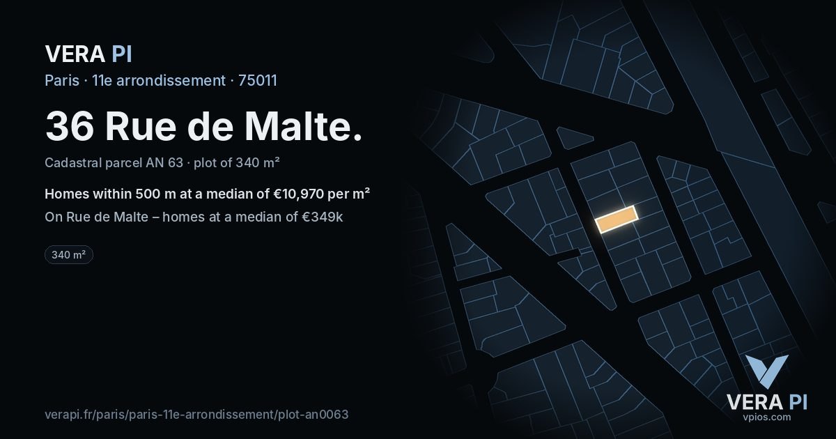 36 Rue de Malte, 11e arrondissement at night – the plot lit, the parcels around coloured by the prices near them